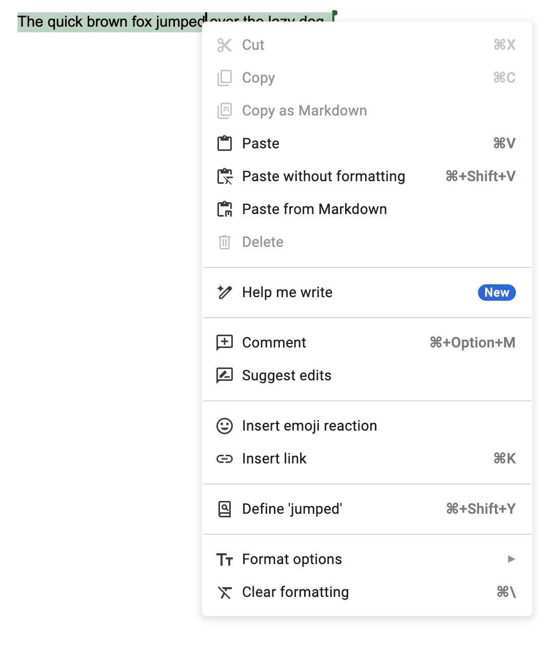 The same Google Docs view as above, except displayed in Chrome, with a custom context menu that is specific to Google Docs