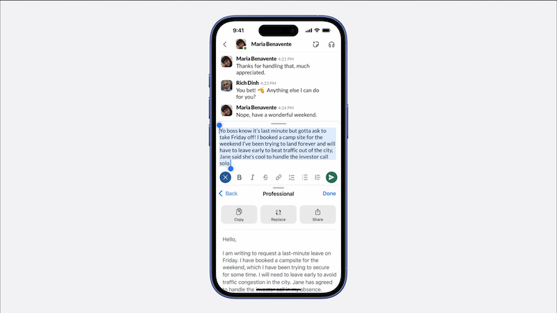 Apple Intelligence rephrasing an informal Slack conversation to be "more professional"