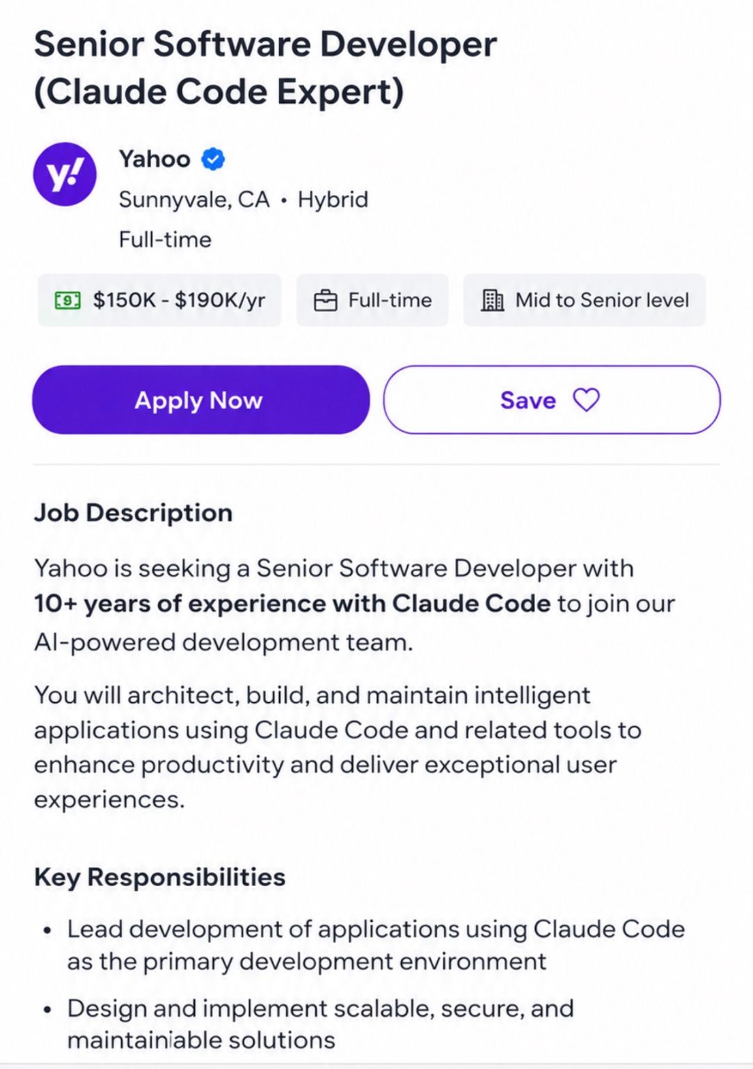 Yahoo ad looking for developers with "10+ years of experience with Claude Code"
