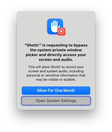 Alert requesting screen recording permissions on macOS Sequoia